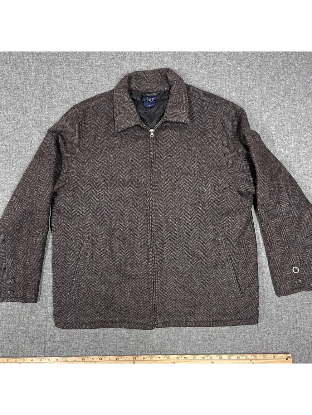 MENS VINTAGE 2005 Y2K GAP BROWN WOOL HERRINGBONE ZIPUP JACKET XL
